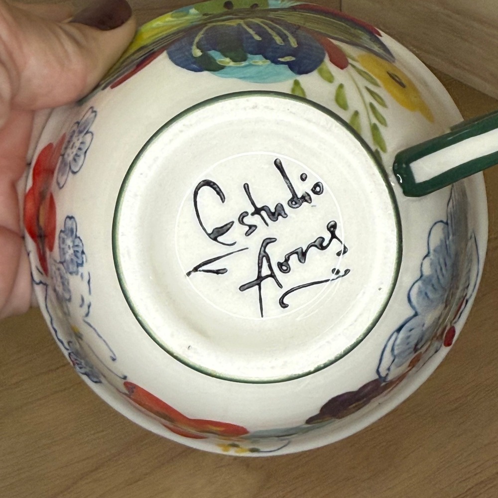 Handmade Ceramic Teacup Floral Butterfly‎ Design Green Handle Estudios Flores - Picture 4 of 4
